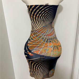 Strapless Navy & Multicolor Bodycon Dress Large NWOT